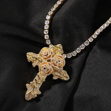 Load image into Gallery viewer, Iced Out Vintage Rose Cross Pendant Necklace
