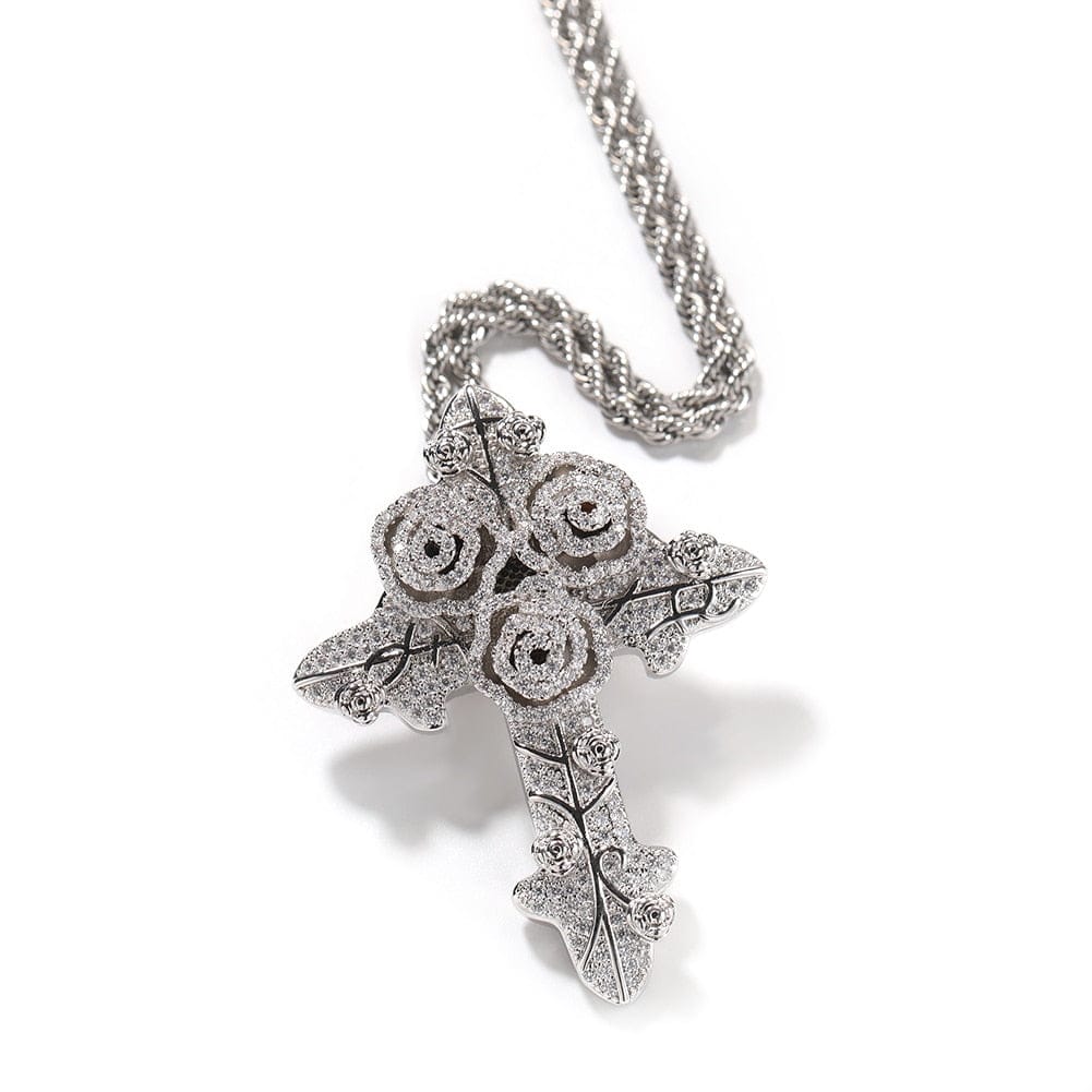 Iced Out Vintage Rose Cross Pendant Necklace