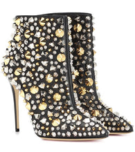 Load image into Gallery viewer, Leather &amp; Bling Riveted Ankle Boots - Blingdropz
