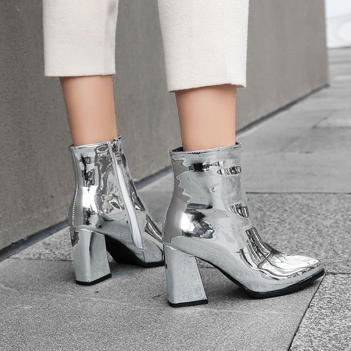 Chunky Heel Metallic Boots - Blingdropz