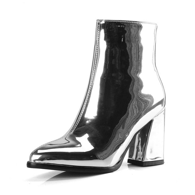 Chunky Heel Metallic Boots - Blingdropz