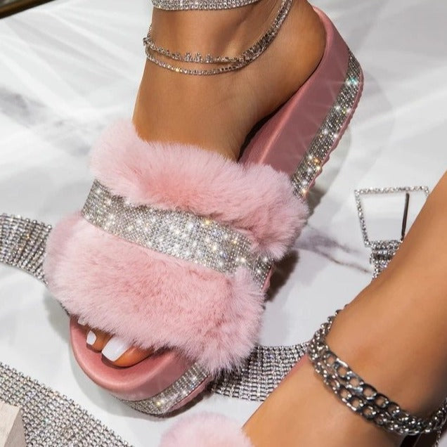 Sparkly Fur Slippers - Blingdropz